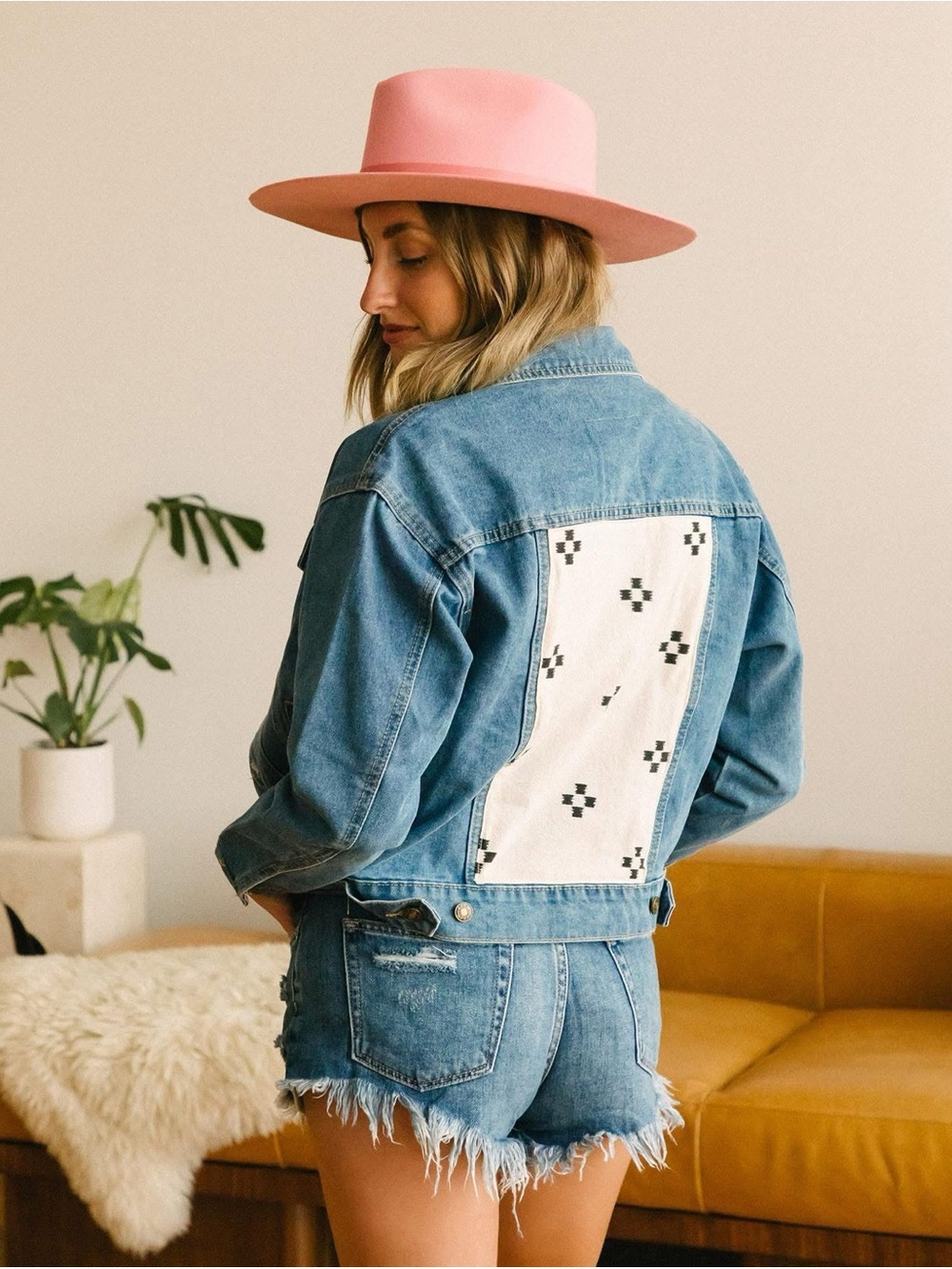 Denim Jean Jacket with White Embroidered Back Panel - Blue